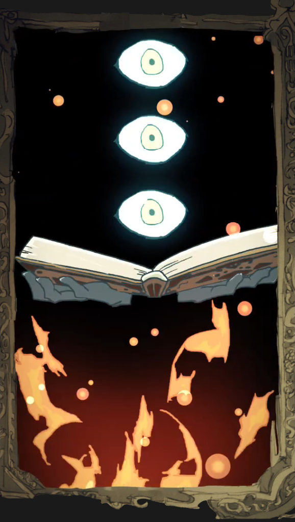 A three eyed being opens a book with fire burning in the foreground