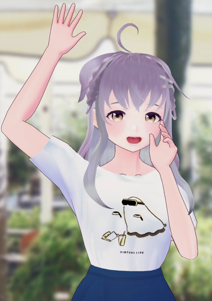 Hoshi Mayuki waves while wearing Hikagami Hinami moucou VIRTUAL REALI-T vol2 T-Shirt