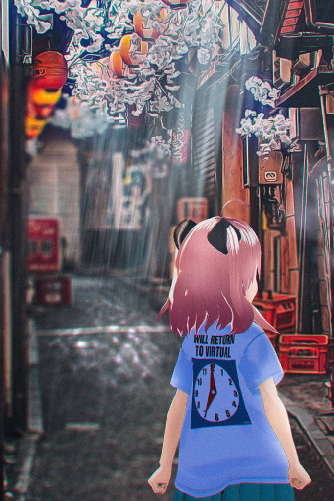 bbbbit modeling itopoid VIRTUAL REALI-T vol2 T-Shirt in an alleyway