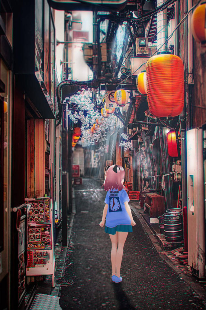 bbbbit modeling itopoid VIRTUAL REALI-T vol2 T-Shirt in an alleyway