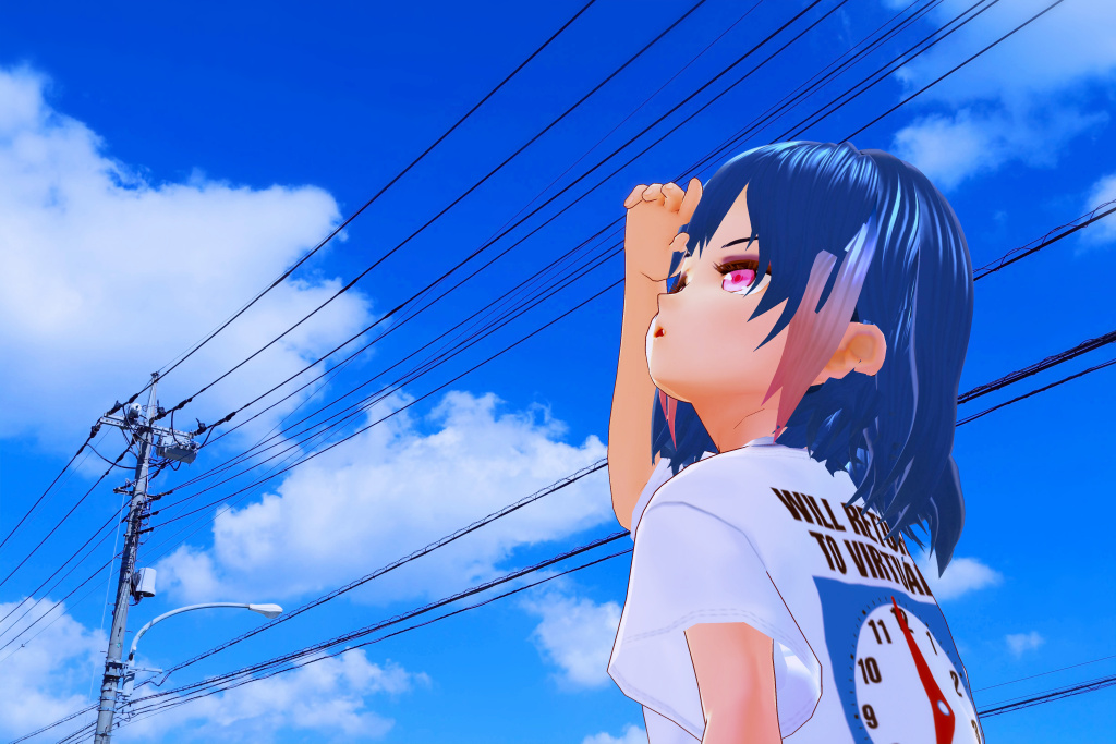 hiragram wearing itopoid VIRTUAL REALI-T vol2 T-Shirt with the blue sky and telephone poles in the background