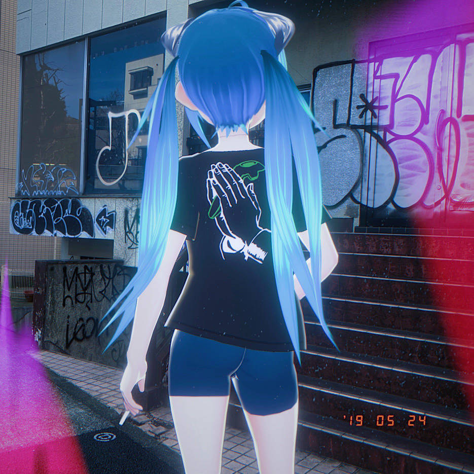 itopoid wearing PARK Harajuku shirt standing by stairs and graffiti