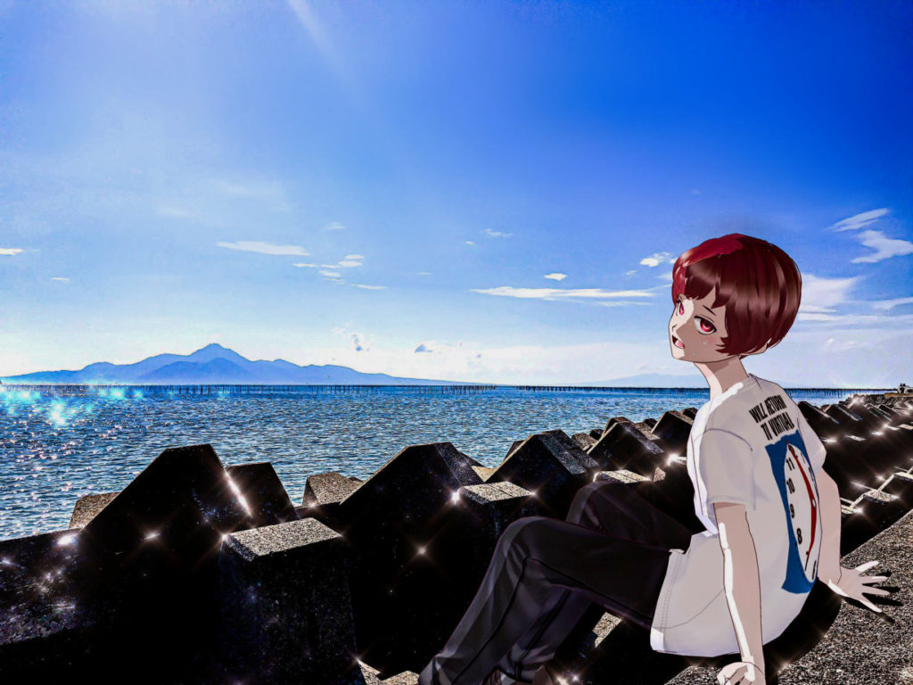 Nukka @nonzka sits by the ocean wearing itopoid VIRTUAL REALI-T vol2 shirt